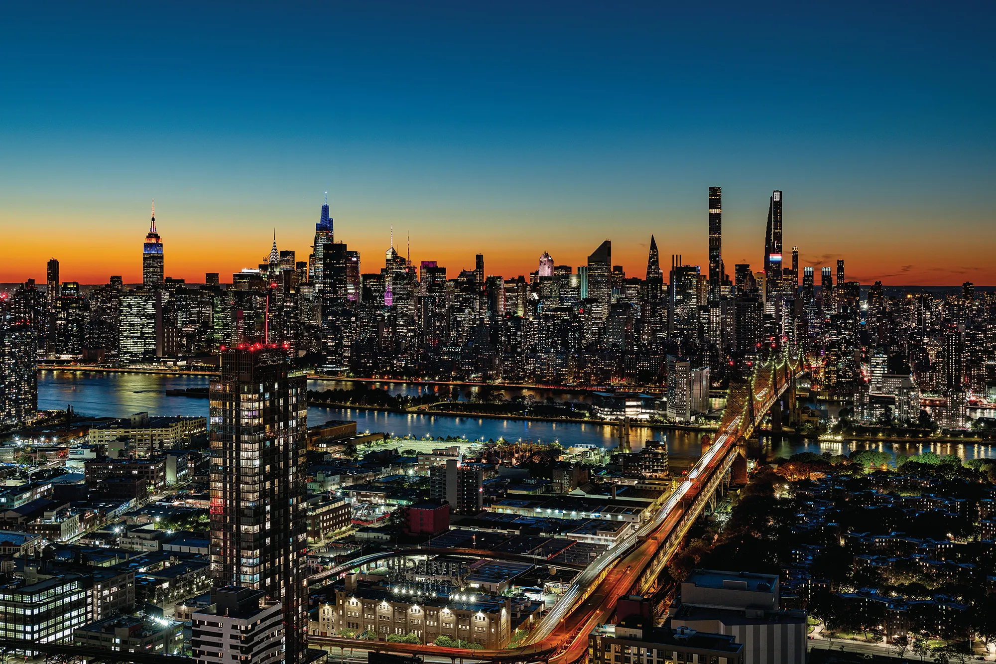 New York City skyline at night.