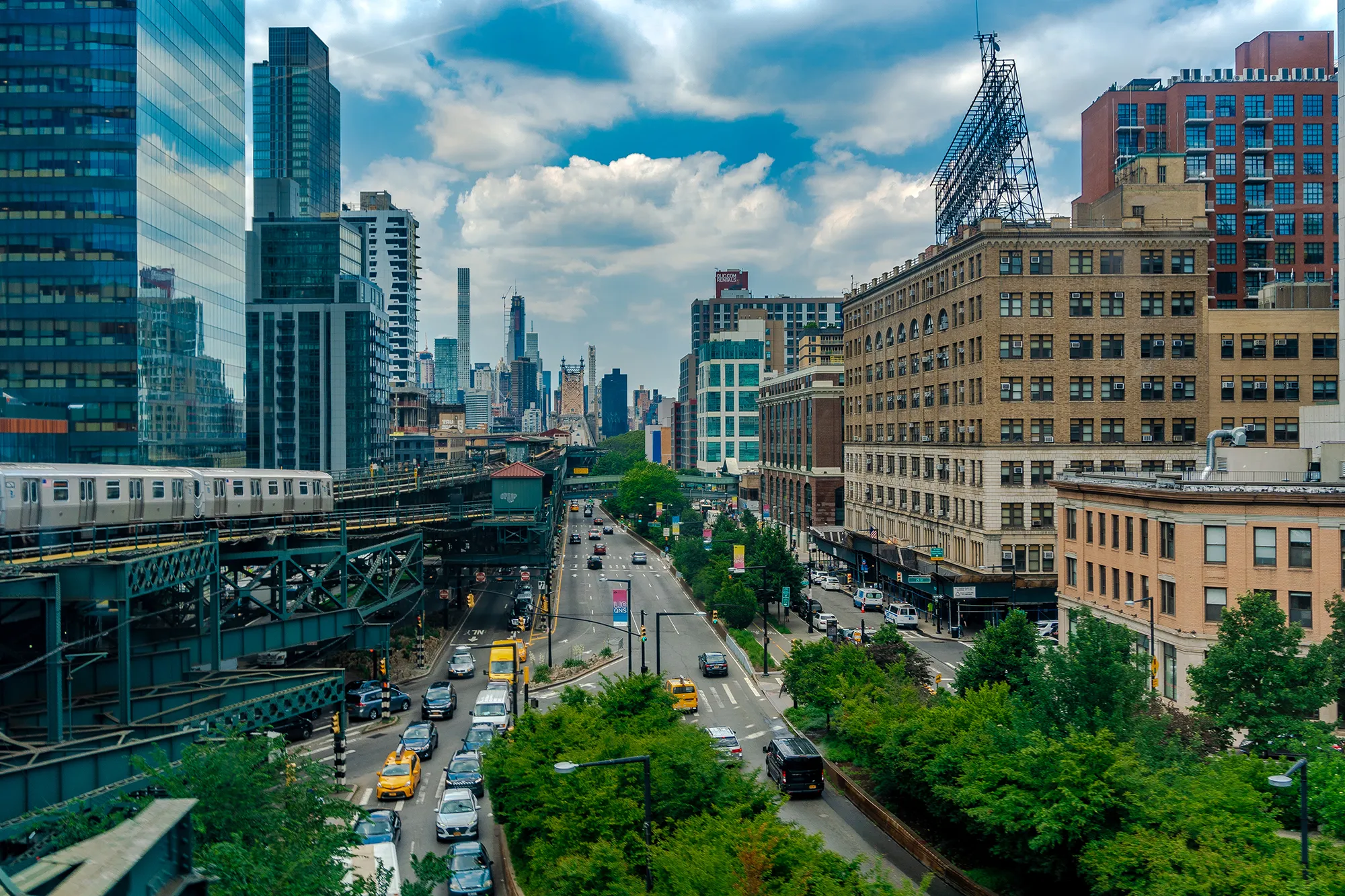 View of bustling Long Island City neighborhood in Queens